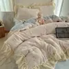 Juego de Cama de Cuatro Piezas de Encaje de Terciopelo de Leche Estilo Coreano Otoño e Invierno Espesado Cálido Franela Coral Funda Nórdica Sábana Juego de Tres Piezas