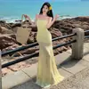 Vestido Tubinho de Renda Amarela Francês para Mulheres Verão Sexy Hot Girl Estilo Férias Bolsa de Cintura Saia Longa Biquíni Cauda de Peixe