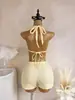 Maiô Feminino para Férias na Praia Estilo Novo Europeu e Americano 2026, Cor Sólida, Fofo, Casual, Amarração nas Costas, Conjunto de Duas Peças
