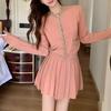 Conjunto de duas peças feminino estilo preppy coreano: cardigã de malha fino de manga longa e saia plissada curta de outono