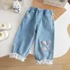 Conjunto de Top con Adorno de Encaje y Jeans de Encaje Nuevo y Elegante para Niñas, Conjunto de Tres Piezas Cómodo y Moderno para Bebé