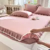 Conjunto de cama de quatro peças em algodão puro para maternidade e infantil Classe A, alta densidade, sarja 100% algodão, macio, cor sólida, fronha com renda e lençol de elástico, conjunto de quatro peças