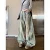Calça Jeans Retro Americana Rasgada Plus Size para Mulheres, Apresentando um Design Único, Caimento Solto, Perna Larga, Cintura Alta, Casual, Comprimento até o Chão