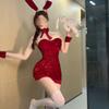 Lencería Sexy Chica Conejita Sexy Uniforme de Lentejuelas Tentación Rojo Año Nuevo Falda Tubo Ajustada Traje Puro Deseo Qqny