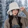 Chapéu de Pescador Grande com Design Japonês para Afinar o Rosto Feminino, Chapéu de Balde Pelúcia Quente Protetor de Orelhas para Outono e Inverno, Chapéu à Prova de Vento para Ciclismo ao Ar Livre