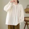 Manga sino solta, gola alta pequena, camisa plus size estilo floresta artística, jaqueta de tecido bordado