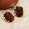 Pendientes de Acero Inoxidable Transfronterizos Estilo Retro Francés Oval Irregular Resina Ámbar Pendientes Elegantes de Gama Alta