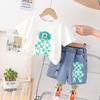 2025 Verano Nuevo Estilo Niños Camiseta Holgada de Manga Corta Tops Casuales Niño Pequeño Moda Shorts de Mezclilla Conjunto de Dos Piezas