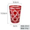 Vaso de vidrio tallado a mano en stock con combinación de colores, grabado de patrón de celosía y diamante, vaso de licor de color vintage, vaso de whisky