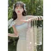Camisola Francesa Dulce y Elegante para Mujer para Usar por Dentro y por Fuera en Verano, Diseño de Top sin Mangas Rayado Azul y Blanco