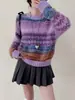 Suéter Pulôver com Gola Redonda, Bloqueio de Cores, Faux Mink Brilhante, Seda, Estilo Suave para Mulheres, Outono e Inverno, Modelagem Solta, Tricô Fair Isle, Cor Degradê