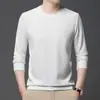 Camiseta de manga larga gofrada para hombre, cuello redondo, camiseta interior, color liso, para jóvenes y mediana edad, camiseta casual para hombre