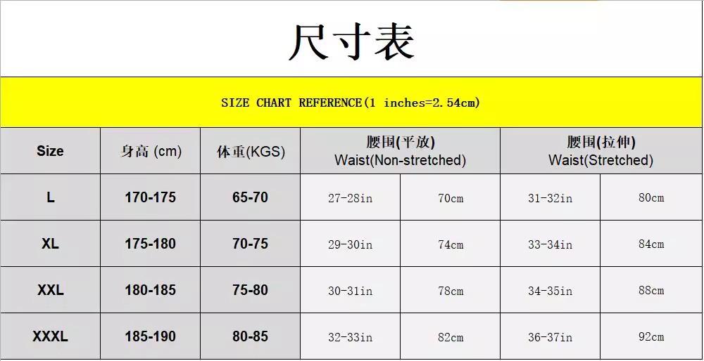 男士泳裤尺寸表