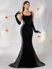 Vestido de noite de veludo preto com alça transfronteiriça para comércio exterior feminino, vestido longo de renda de luxo de alta qualidade para banquete, cerimônia de adultos