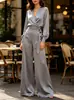 2026 Sitio Web Independiente Transfronterizo Europeo y Americano Moda Femenina Elegante Color Sólido Manga Larga Cintura de Corbata Conjunto de Dos Piezas con Pantalón de Pierna Ancha