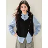 Suéter Chaleco de Punto Irregular para Mujer, Nuevo Top Camisa en Capas, Chaleco Negro de Otoño e Invierno