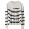 Nuevo suéter de punto 100% algodón de otoño para mujer, camiseta básica de rayas con bloques de color y cuello redondo, top fino versátil para mujer