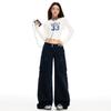 Calça Cargo Laranja Infantil # Azul Marinho com Contas de Botão Duplo Wide Leg Flare para Mulheres, Caimento Solto, Emagrecedora, Fluida, Versátil, Calças Longas.