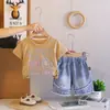 Camiseta Manga Curta para Meninas 2026 Verão Nova Estilo Coreano Infantil Solta Gola Redonda Strass Estampagem a Quente Top Conjunto para Bebê Menina Tendência