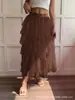 Falda de Malla Elástica de Cintura Alta, Falda Irregular de Capas tipo Pastel, Falda Larga Fluida Estilo Hada de Longitud Media
