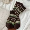Calcetines de lana extra gruesos estilo Fair Isle para mujer Xiaoshu, estilo otoño e invierno, con temática de bosque retro, calcetines largos cálidos y afelpados