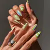 Uñas postizas estilo Y2K verde aguacate con rayas de lunares, uñas largas en forma de almendra, multicolor, uñas postizas de color contrastante, arte de uñas fresco