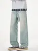 Calça Jeans Masculina Muqiu Retro Americano Estampada Floral Lavada Desgastada Masculina Dirtyfit Solta de Perna Reta Longa
