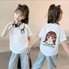 Camisetas de Verano para Niñas, Dulces y Lindas, Estampadas, de Manga Corta, para Niños Mayores, Casuales y Versátiles, Transpirables, Tops de Media Manga con Cuello Redondo, de Moda