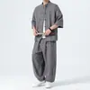 Traje Casual Deportivo de Algodón y Lino para Hombre Estilo Chino Verano 2026, Absorbente de Sudor y Transpirable, Estilo Japonés, Talla Grande, Conjunto Holgado de Dos Piezas