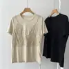 Camiseta de manga corta ajustada de estilo coreano con diseño delicado, empalme de encaje de nicho, efecto de dos piezas, para mujer, nuevo top de verano