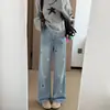 Jeans reto com bordado de estrela azul para mulheres, tamanho plus size de verão, solto e modelador, adequado para corpo tipo pera, calça de perna larga