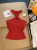 Top regata estilo coreano doce com detalhes vazados e gola halter para mulheres, novo para o verão, modelagem slim, estilo doce e ousado, sexy, único, versátil