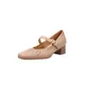 Sapatos Mary Jane Pleated Nude de Pele de Cordeiro Versáteis e Delicados 2026 Outono Salto Médio Robusto Bico Quadrado Couro Genuíno Sapatos de Tira Única Feminino