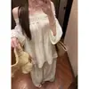 Toma real de conjunto de top suelto de encaje calado bordado vintage francés de talla grande y pantalón largo ancho suelto
