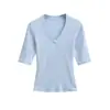 Venta al por mayor de ropa de mujer transfronteriza, estilo europeo y americano, nueva moda primavera 2026, versátil, multicolor, cuello en V, cómoda, manga media, camiseta top
