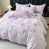 Juego de cuatro piezas de algodón 100% de fibra larga, grosor aumentado, cepillado, con estampado floral grande, de alta gama, que incluye funda de edredón, sábana bajera y ropa de cama