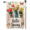 Bandera de Jardín de Doble Cara con Estampado de Flores Verdes, Hojas, Mariposas y Libélulas, Temporada de Primavera, Decoración de Jardín