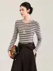 Suéter top de manga larga a rayas vintage de punto fino de lana merino ultrafina de 2613310-16 agujas para principios de otoño