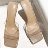 Sandálias Femininas de Verão Slip-On 2026 Novo Estilo Bico Quadrado Salto Bloco de Cristal Transparente Sexy Sapato de Salto Alto Sandálias Elegantes