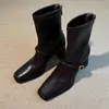 Botas altas de moda estilo británico con punta cuadrada, Botines cortos retro de tacón grueso estilo francés con cremallera trasera, Botas ajustadas de moda elásticas