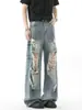 Jeans Lavados Retro Americanos Desgastados Rasgados para Hombre, Pantalones Rectos Holgados Lavados de Verano, Pantalones Largos Holgados Adelgazantes