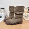 Botas Femininas Plissadas Tendência Fosco Outono 2026, Botas de Montaria Chunky Vintage Cor Desgastada Meio da Panturrilha
