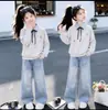 Conjunto de Duas Peças para Meninas Estilo Coreano Academia Primavera e Outono Novo Moletom com Gola Polo Jeans Estrelado Conjunto de Duas Peças para Meninas