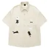 Ropa Life Bordado de Gato Camisa de Pana a Rayas de Manga Corta para Hombres y Parejas Top Retro Vintage Americano