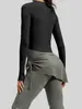 Conjunto de Dos Piezas: Top Arrugado y Pantalones Culotte Acampanados, Traje Deportivo de Yoga de Manga Larga de Dos Piezas Falsas, Cintura Alta, Elevador de Glúteos, Hombros Descubiertos