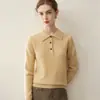 Macio e aconchegante~Suéter feminino 100% cashmere puro com gola polo, blusa de malha casual tipo pullover, elegante suéter com gola virada