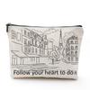 Bolsa de Maquillaje Transfronteriza Amazon Torre Eiffel con Letras, Bolsa Impermeable de Lino con Cremallera Impresa por Ambos Lados para Mujeres, Almacenamiento de Primavera