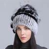 Gorro de Lana Grueso de Invierno Nuevo para Mujer Estilo Europeo y Americano, Gorro de Piel de Conejo Rex, Gorro de Punto con Cinturón Lateral y Flor