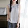 Chaleco de Lino de Cuello Redondo sin Mangas para Mujer Verano Nuevo Color Sólido Top Exterior Camiseta Corta de Punto para Fondo con Temperamento a la Moda