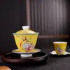 Conjunto de Tigelas Esmaltadas de Três Peças Estilo Palácio com Tampa, Conjunto de Chá Kung Fu Cerâmico Vintage, Xícara de Tigela de Chá Esculpida em Filigrana, Jingdezhen